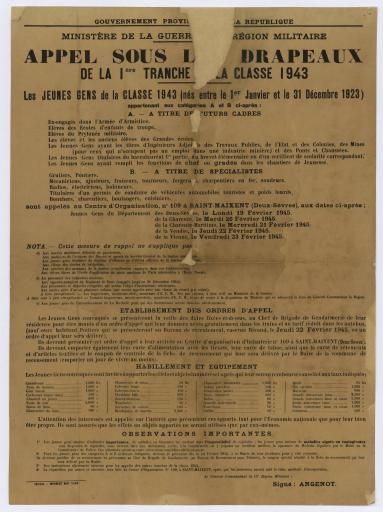 Appel sous les drapeaux de la première tranche de la classe 1943 / Angenot, général commandant la 9e région militaire ; Gouvernement provisoire de la République.